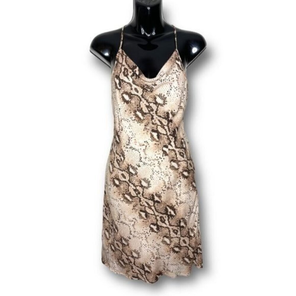 Blush Boutique Sz S Brown Beige Snakeskin Draped Neckline Sleeveless Mini Dress